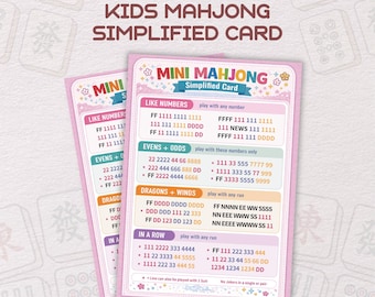 May include: Printable Kids Mahjong Simplified Card with pink floral accents. The card features instructions for Like Numbers, Evens + Odds, Dragons + Winds, and In a Row. The text "American Mah Jong Hands" is at the bottom.