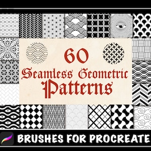 60 Procreate シームレス パターン ブラシ、和柄ブラシ、シームレスな幾何学模様のタトゥー スタンプ、タトゥー ステンシル、タトゥー フラッシュ デザイン