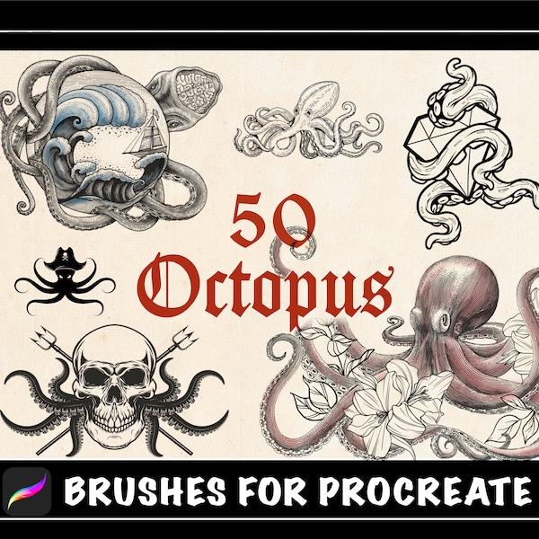 50 Octopus Tattoo Procreate Brushes, Procreate Stamps Octopus Tattoo ,tattoo stencil, tattoo Flash Digital, Sailor,Nautical,Sea monsters