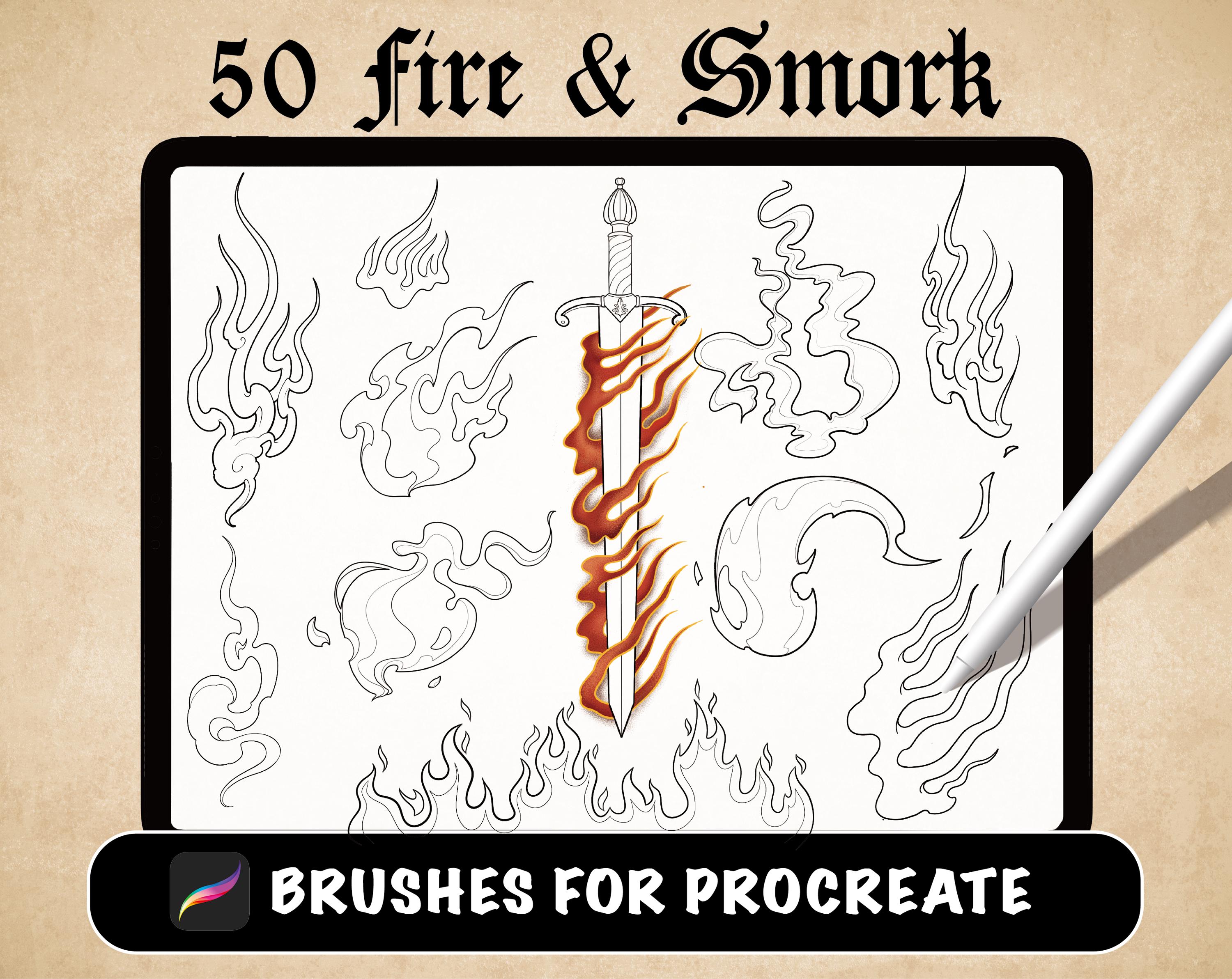 50 Fire & Smoke Tattoo Procreate Brushes – Stamps & Stencils for Flash Art, iPad Digital Download