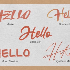 May include: Five different styles of the word "Hello" written in red, orange, and yellow ink. The styles include marker, gradient ink, basic soft, mono shadow, and signature marker.