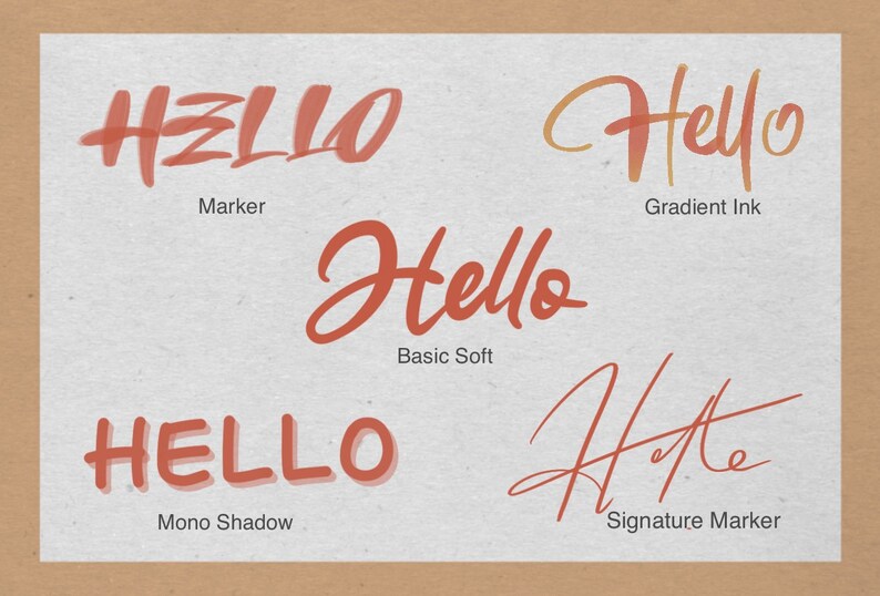 May include: Five different styles of the word "Hello" written in red, orange, and yellow ink. The styles include marker, gradient ink, basic soft, mono shadow, and signature marker.