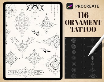 116 Ornament Tattoo Procreate Brushes, procreate stamp ornament tattoo, mini tattoo stencil, tattoo flash, digital download