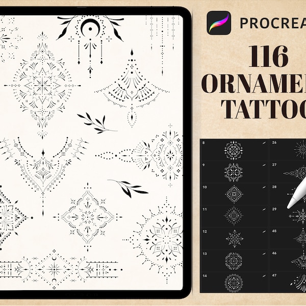 116 Ornament Tattoo Procreate Pinsel, Procreate Stempel Ornament Tattoo, Mini Tattoo Schablone, Tattoo Flash, digitaler Download