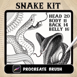 Op de afbeelding: Digitale illustratie "SNAKE KIT" met twee gedetailleerde slangen in zwart-wit. Tekst toont lichaamsdeelnummers en "PROCREATE BRUSH" onderaan, wat duidt op een digitaal kunstproduct.
