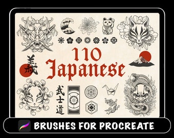 110 Procreate Japanese Tattoo Brushes, procreate brush Japan tattoo, Japanese Traditional Stamp, tattoo stencil, Mask, Bushido, cherry blossom