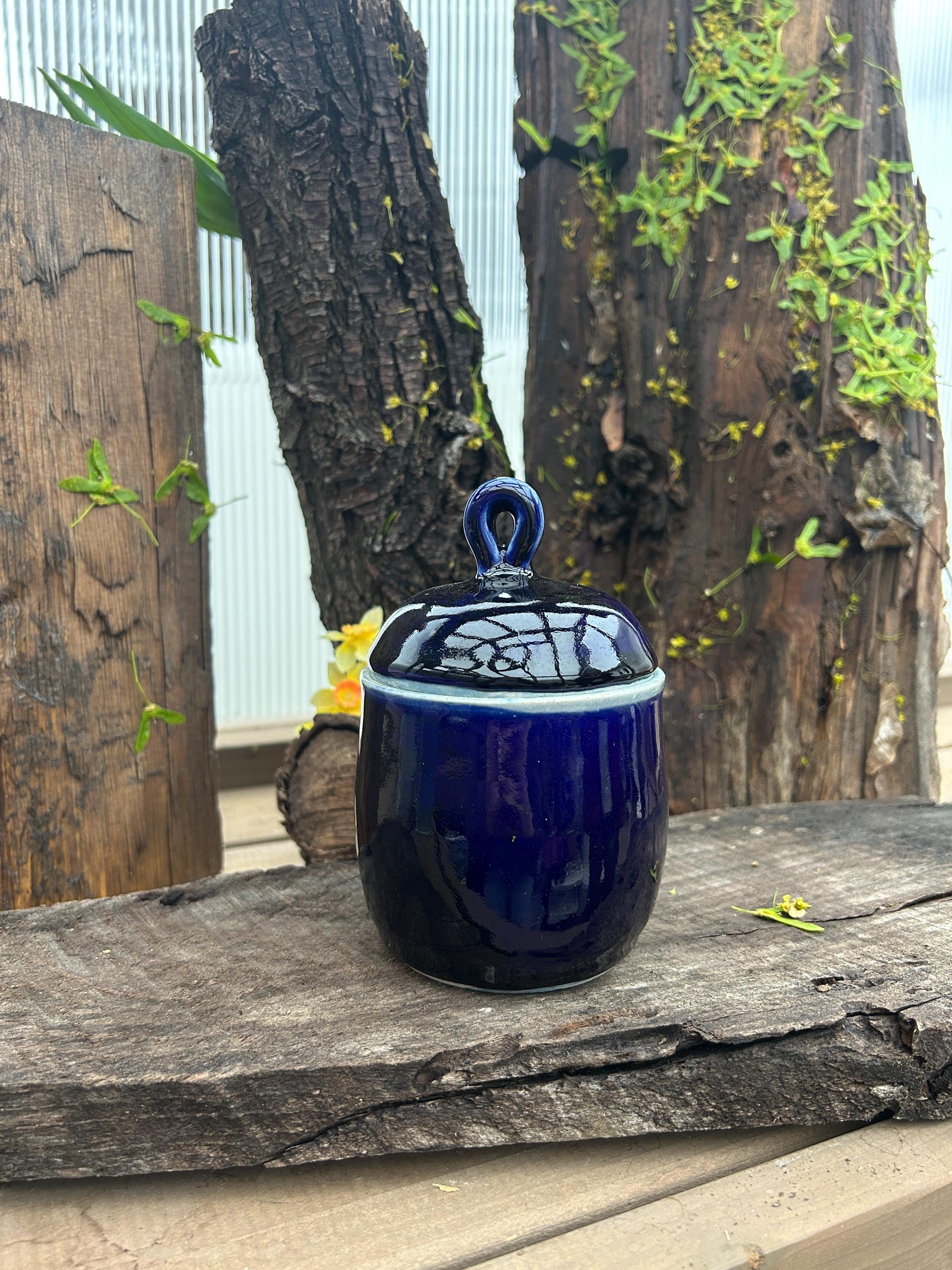 handmade blue ceramic sugar jar