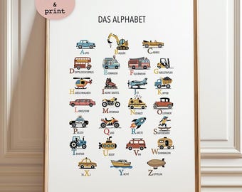 Vehicle Alphabet Wall Art Transport ABC Poster German Transport A-Z Artwork Boys Room Printable Vehicle ABC Poster A4 A3 DE
