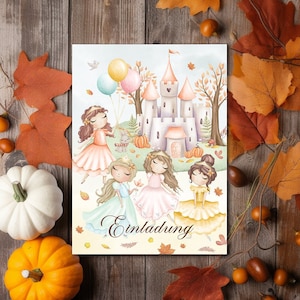 Einladungskarte Herbst Prinzessin Geburtstag Party, Baby Mädchen, Prinzessinnen, Schloss, Einladung zum Ausfüllen mit Kraftpapier Umschlägen