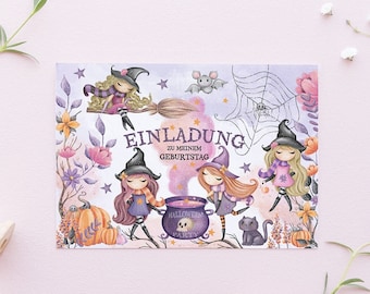 Einladungskarten Halloween Kindergeburtstag / Einladung zum Ausfüllen inkl. Umschlägen 6-12 Stk. Hexen/ Fledermaus/ Katze Party Invitation