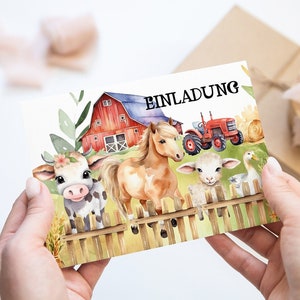 Bauernhof Einladung zum Kindergeburtstag inkl. Kraftpapier Umschlag 6-12 Stk. / Bauernhof Tier und Traktorfreunde Geburtstag
