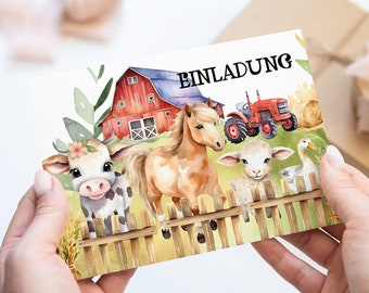 Farm-themed children's birthday party invitations including kraft paper envelopes (6-12 pieces) / Farm animal and tractor-themed birthday party