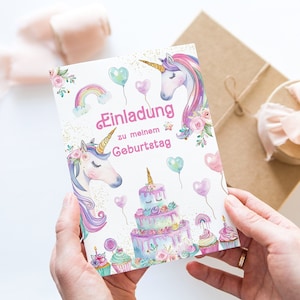 Einhorn Kindergeburtstag Einladungskarten Einhorn Regenbogen Einhorn Kuchen Magic Unicorn 6 -10  Stk.