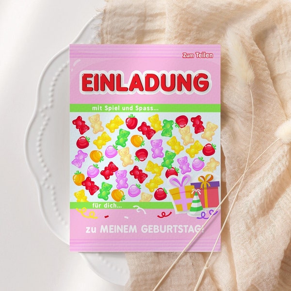 Einladung Mädchen Kindergeburtstag Süßigkeiten Party / Gummibärchen / Bonbons Party / Jelly bear jelly Candy party 6-10 Stk.