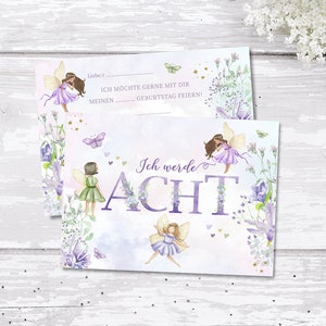 Einladungskarte Mädchen 8 Geburtstag Motiv Feengarten Fairy Einladung zum ausfüllen Lila Blumen Werde Acht inkl. Umschlägen 6-10 Stk.