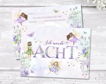 Invitation card for a girl's 8th birthday, fairy garden motif, fill-in-the-blank invitation with purple flowers, "Turning Eight" includes 6-10 envelopes.