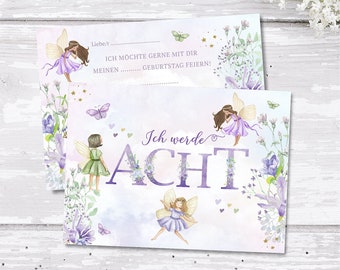 Einladungskarte Mädchen 8 Geburtstag Motiv Feengarten Fairy Einladung zum ausfüllen Lila Blumen Werde Acht inkl. Umschlägen 6-10 Stk.