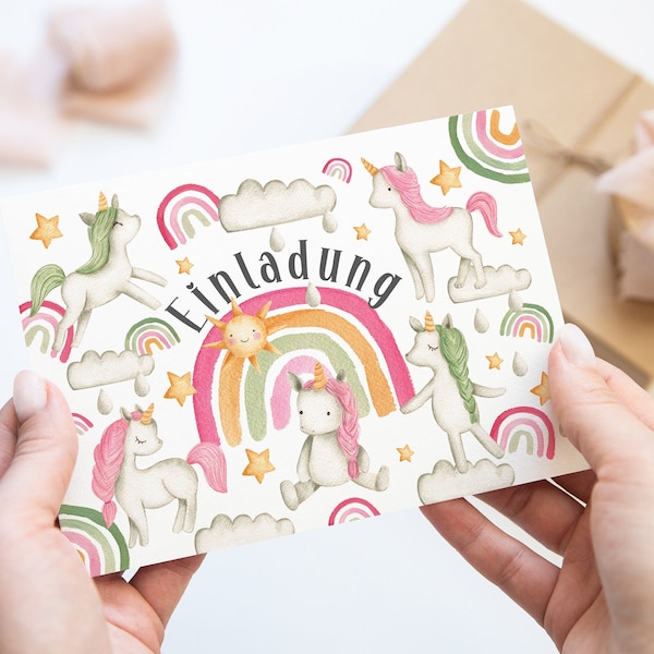 Mädchen Kindergeburtstag Einladungskarten inkl. Umschlägen 6-10 Stk. Motiv Einhorn Regenbogen Unicorn