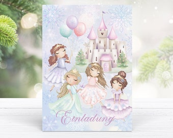 Einladungskarten Winter Prinzessin Geburtstag Party, Baby Mädchen, Prinzessinnen, Schloss, zum Ausfüllen inkl. Umschlägen 6-10 Stk.