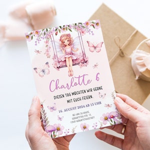 Personalisierte Geburtstag Einladungskarte Feenparty Feengarten Feen Fairy garden Fairy party Rosa Lila Blumen Feenschaukel 6-10 Stk.
