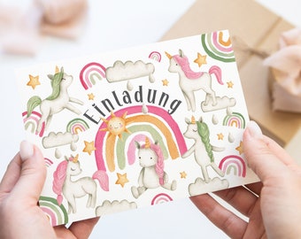 Mädchen Kindergeburtstag Einladungskarten inkl. Umschlägen 6-10 Stk. Motiv Einhorn Regenbogen Unicorn