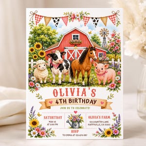 Könnte beinhalten: Eine rechteckige Geburtstagseinladungskarte mit einer roten Scheune, einem Schaf, einer Kuh, einem Pferd und einem Schwein. Der Text lautet: OLIVIA'S 4TH BIRTHDAY, JOIN US TO CELEBRATE, SATURDAY MAY 25 AT 3:00 PM, OLIVIA'S FARM 123 COUNTRY LANE, RSVP TO EMMA AT 123-670-987.