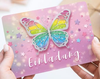 Set of 10 children's birthday party invitation cards with butterflies, garden, princess, fairytale party, butterflies with glitter varnish