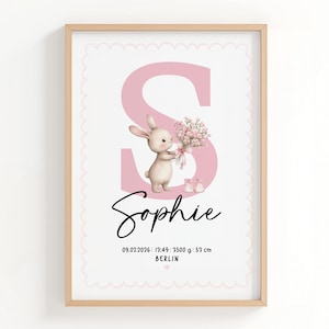 May include: A framed print featuring a pink letter "S" with a cute bunny holding flowers. The name "Sophie" is written in cursive below the bunny. Additional text includes birth details: 09.02.2026, 13:49, 3500 g, 59 cm, and "BERLIN".