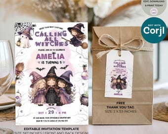 Editable Witch Birthday Invitation + Thank you Tag Template Calling all Witches Invitation Digital Halloween Witch Invite Corjl Template