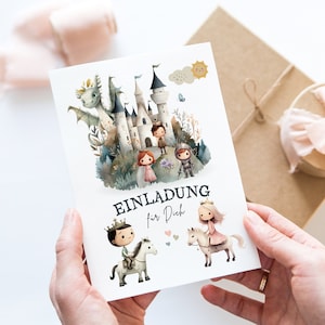 Einladungskarten Prinz und Prinzessin Geburtstag, Prinzessinnen, Prinz, Schloss, Drachen, Märchenparty inkl. Kraftpapier Umschläge 6-10 Stk.