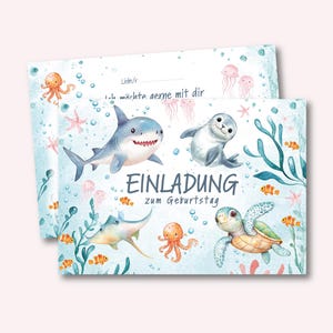 Einladung Kindergeburtstag Meerestiere – Unterwasser Geburtstagseinladung mit Hai, Aquarium Party Einladung für Jungen & Mädchen, 6-10 Stück