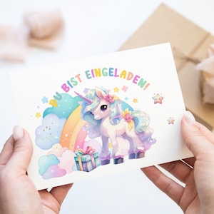 Mädchen Kindergeburtstag Einladungskarten inkl. Umschlägen 6-10 Stk. Motiv Einhorn Regenbogen Magic Unicorn
