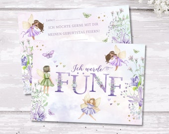 Invitation card for a girl's 5th birthday, fairy garden motif, fill-in-the-blank invitation with purple flowers, "Turning FIVE" included, 6-10 envelopes included.