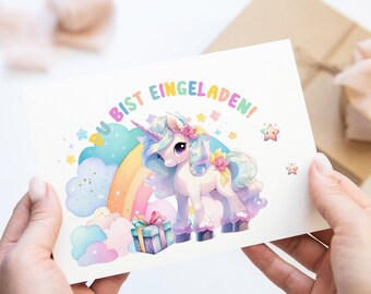 Mädchen Kindergeburtstag Einladungskarten inkl. Umschlägen 6-10 Stk. Motiv Einhorn Regenbogen Magic Unicorn