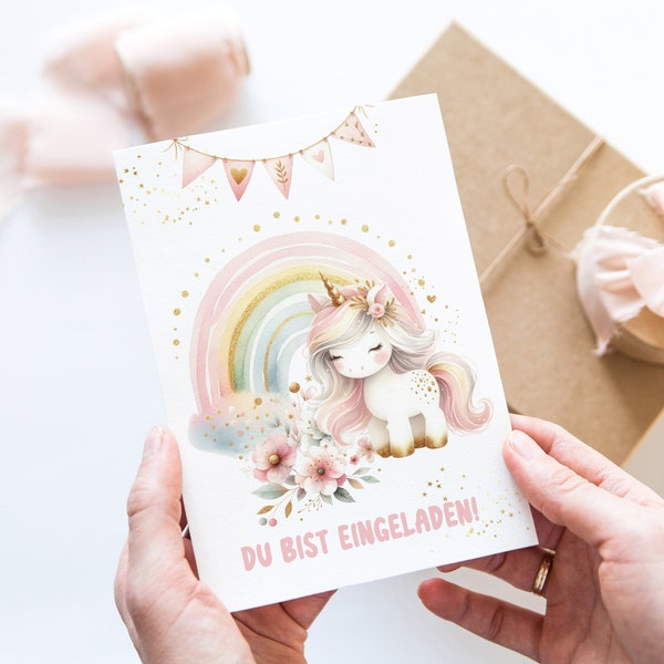 Einhorn Regenbogen Einladungskarten Mädchen Kindergeburtstag inkl. Kraftpapier Umschlägen 6-10 Stk. Magic Unicorn Invitation