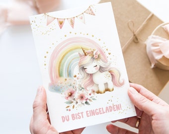 Einhorn Regenbogen Einladungskarten Mädchen Kindergeburtstag inkl. Kraftpapier Umschlägen 6-10 Stk. Magic Unicorn Invitation