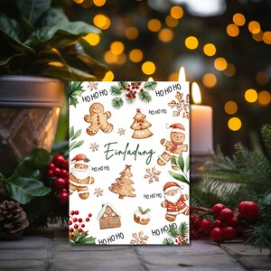 May include: A white Christmas card with a gingerbread house, gingerbread people, and Christmas trees. The card has the text "HO HO HO" and "Einladung" on it.