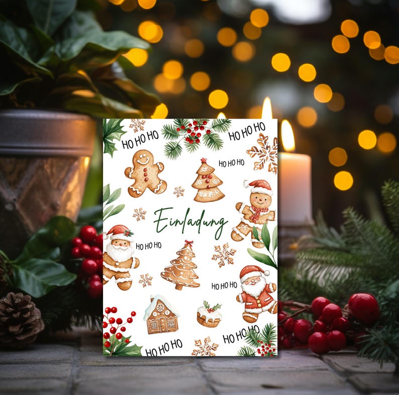 May include: A white Christmas card with a gingerbread house, gingerbread people, and Christmas trees. The card has the text "HO HO HO" and "Einladung" on it.
