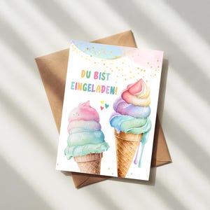 May include: A greeting card featuring watercolor illustrations of two colorful ice cream cones. The card has the text "DU BIST EINGELADEN!" and is set against a brown envelope. The ice cream cones have pastel colors and are in waffle cones.