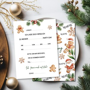 May include: A white Christmas party invitation with gingerbread people, snowflakes, and holly. The invitation includes the text "LIEBE/R", "ICH LADE DICH HERZLICH", "PARTY EIN!" and "ZU MEINER".