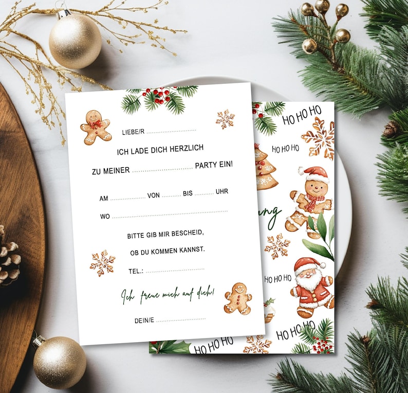 May include: A white Christmas party invitation with gingerbread people, snowflakes, and holly. The invitation includes the text "LIEBE/R", "ICH LADE DICH HERZLICH", "PARTY EIN!" and "ZU MEINER".