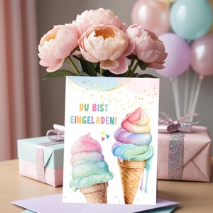 May include: A greeting card with two watercolor ice cream cones in pastel colors, with the text "DU BIST EINGELADEN!" and a bouquet of pink peonies. A gift box and balloons are in the background.