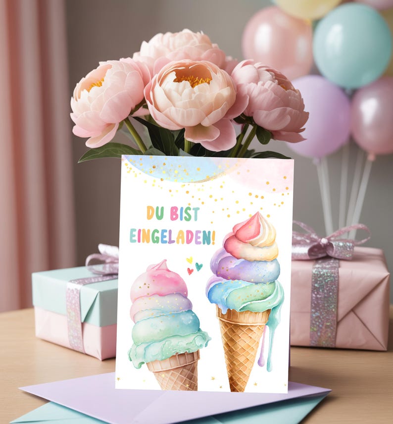May include: A greeting card with two watercolor ice cream cones in pastel colors, with the text "DU BIST EINGELADEN!" and a bouquet of pink peonies. A gift box and balloons are in the background.