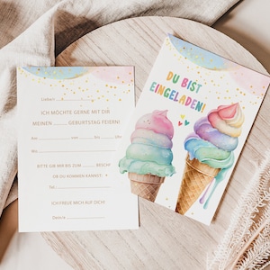 May include: Two invitation cards with watercolor illustrations of colorful ice cream cones. One card has fill-in-the-blank fields for party details. The other card says "YOU ARE INVITED!" in German. The cards have a pastel color scheme with gold confetti.