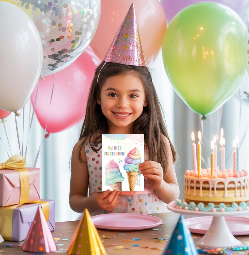 May include: A young girl wearing a party hat holds a birthday card with ice cream cone illustrations. A birthday cake with lit candles sits on a cake stand. Balloons in pink, green, and white are in the background.