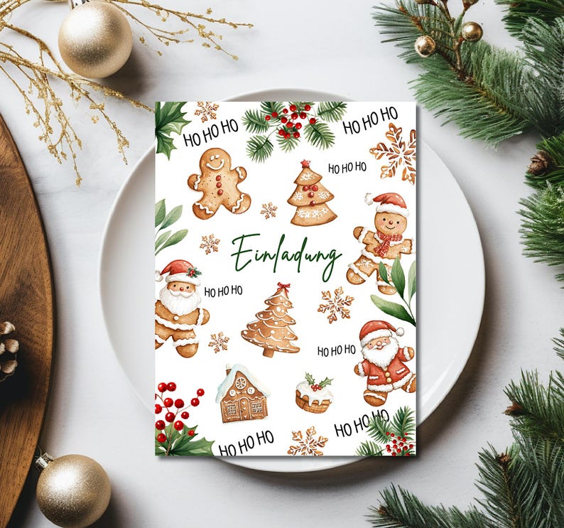 May include: A white card with a Christmas theme featuring gingerbread cookies, a gingerbread house, and the text "Einladung" (German for "Invitation"). The card is decorated with red berries, snowflakes, and green leaves.