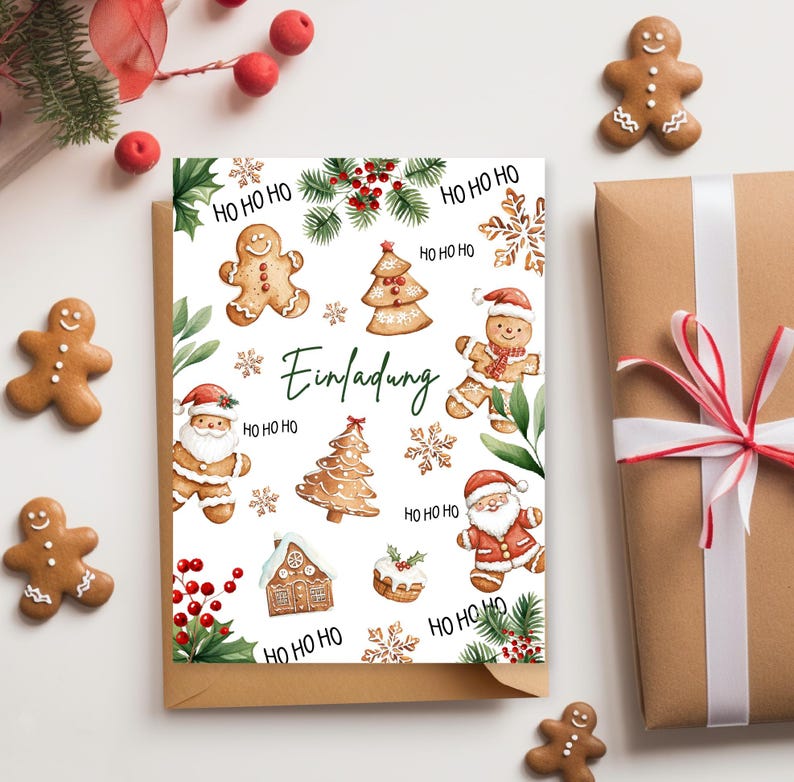 May include: A white card with a Christmas invitation design. The card features gingerbread men, Christmas trees, Santa Claus, and a gingerbread house. The text "Einladung" is written in green cursive on the card.
