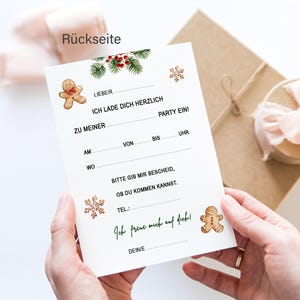 May include: A white card with a gingerbread man illustration and the text "Ich lade dich herzlich zu meiner Party ein!"  The card has fill-in-the-blank lines for details like date, time, and location.  The text "Bitte gib mir Bescheid, ob du kommen kannst." is also included.
