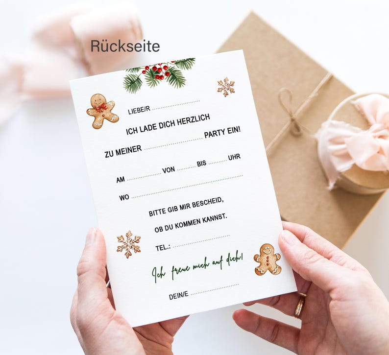 May include: A white card with a gingerbread man illustration and the text "Ich lade dich herzlich zu meiner Party ein!"  The card has fill-in-the-blank lines for details like date, time, and location.  The text "Bitte gib mir Bescheid, ob du kommen kannst." is also included.