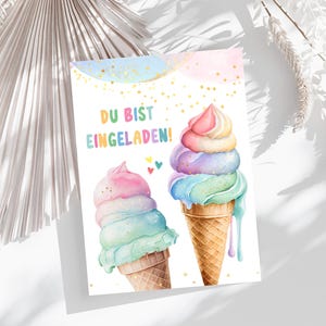 May include: A watercolor-style invitation card featuring two ice cream cones. The cones are filled with pastel-colored scoops and the text "DU BIST EINGELADEN!" is displayed in the center. The background has a light blue and gold glitter design.